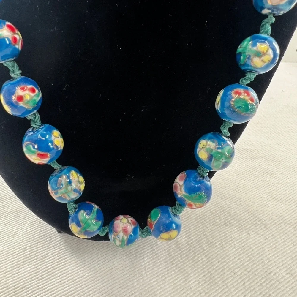 Vintage Blue Cloisonne Double Hand Knotted bead necklace and earrings
